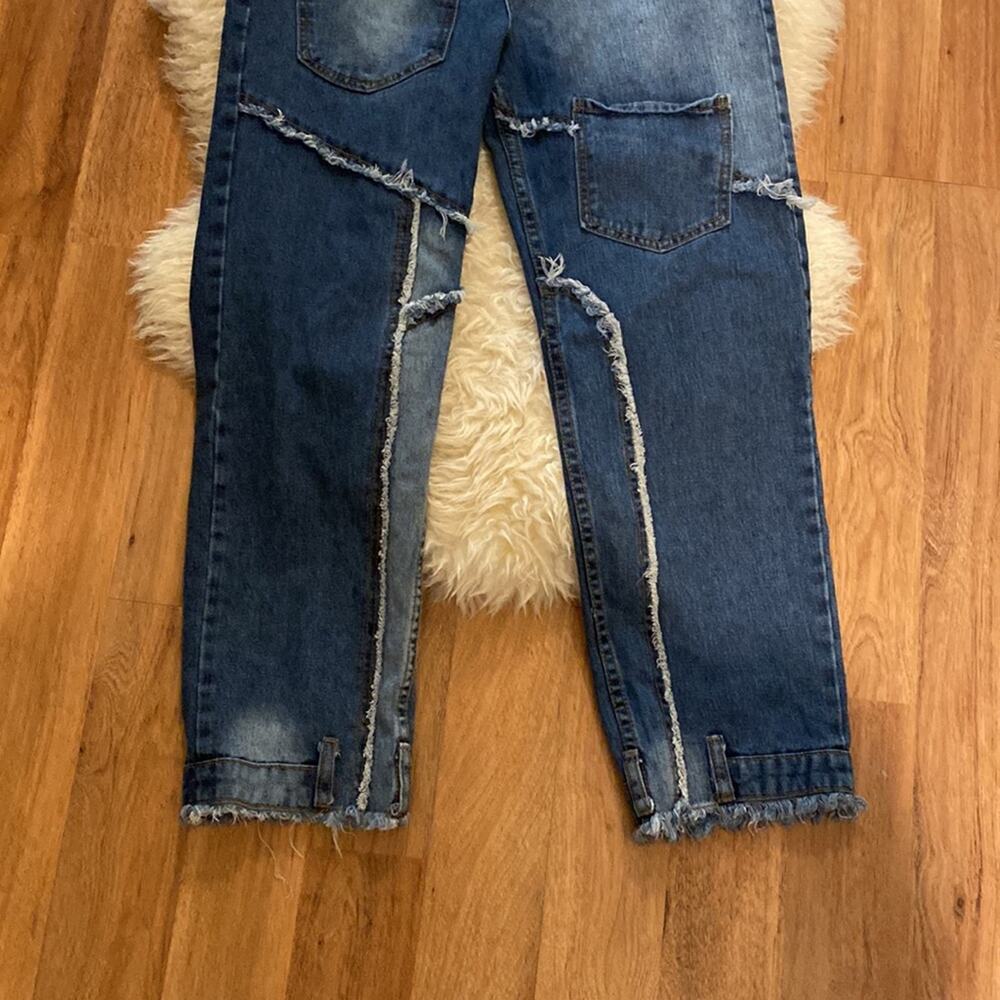 Funky Reworked Spliced Raw Hem Straight Leg High Rise Women’s Denim Jeans - Picture 7 of 12